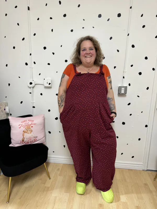 Heart Print Terry Overalls sold by Copper Union Apparel