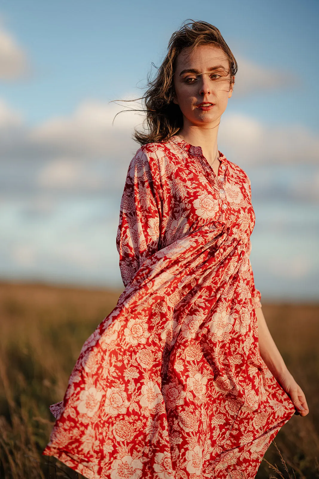 Handblock Print Dress - Red Floral Cotton Dress sold by Altar PDX