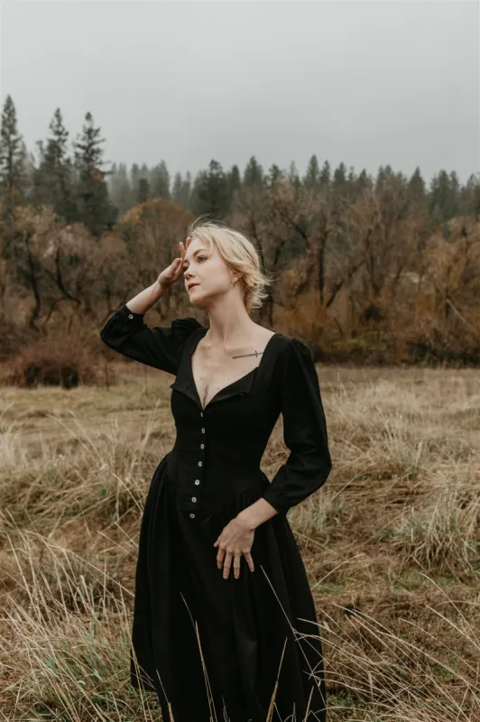Prairie Dress in Black Linen sold by Altar PDX