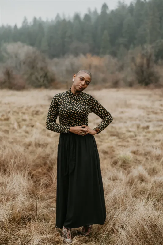 Maxi Wrap Skirt in Black Challis sold by Altar PDX