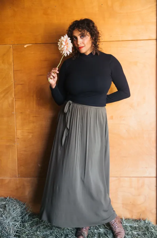Maxi Wrap Skirt in Olive Challis sold by Altar PDX