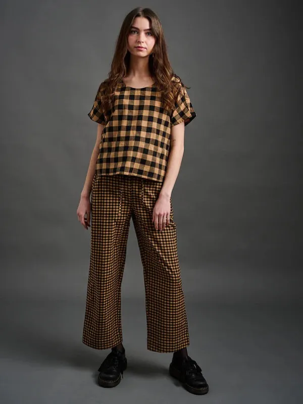 Emmy Drawstring Pant Black and Tan Small Gingham sold by Altar PDX