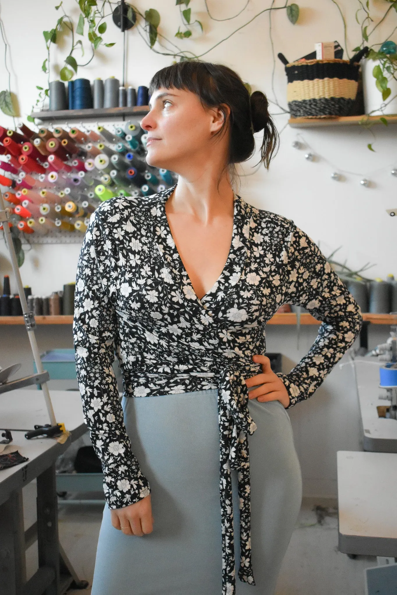 Rowan Wrap Knit Top in Black and White Ditsy Floral sold by Altar PDX product image thumbnail 4