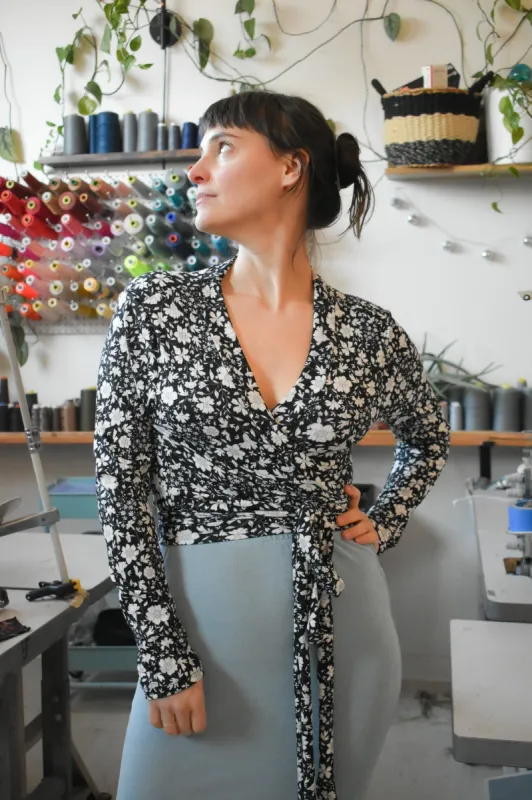 Rowan Wrap Knit Top in Black and White Ditsy Floral sold by Altar PDX