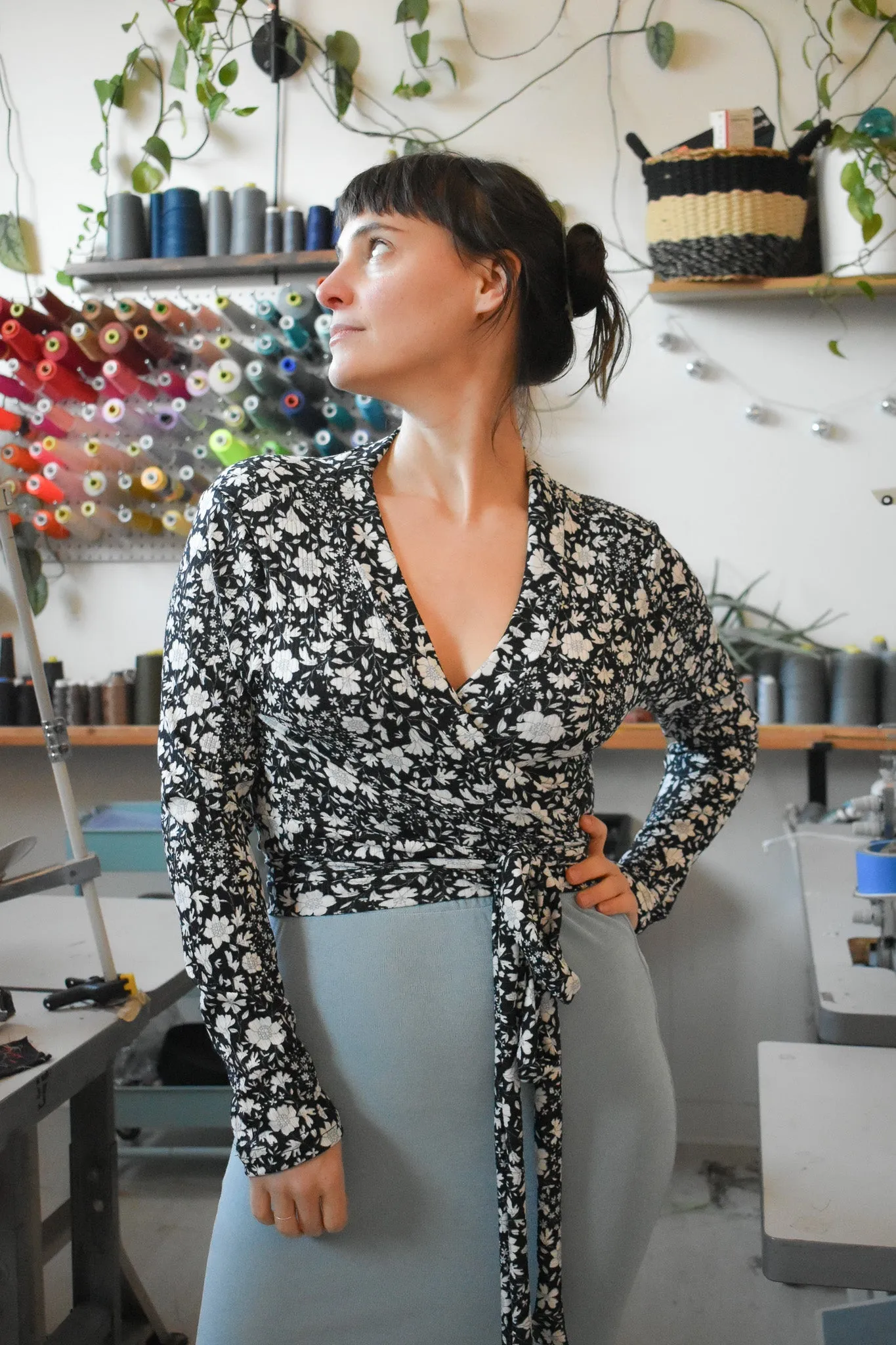 Rowan Wrap Knit Top in Black and White Ditsy Floral sold by Altar PDX