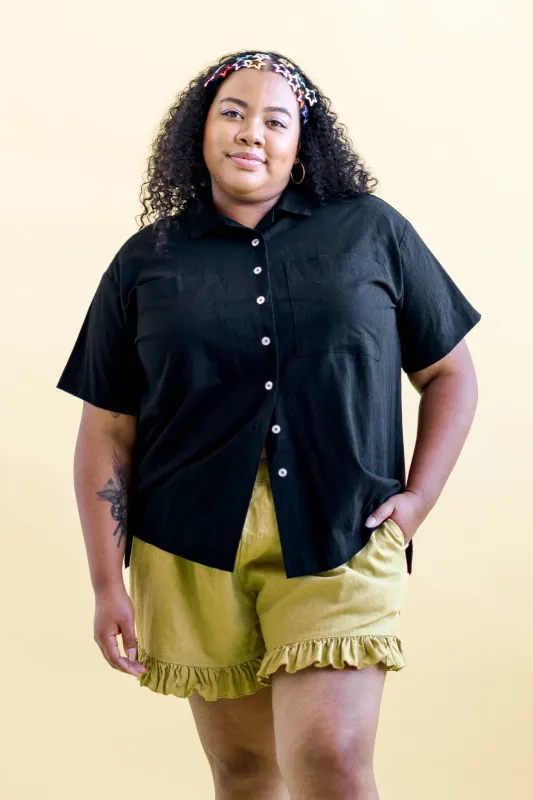 Boxy Collared Tunic in Black Cotton Linen made by Nettle Studios