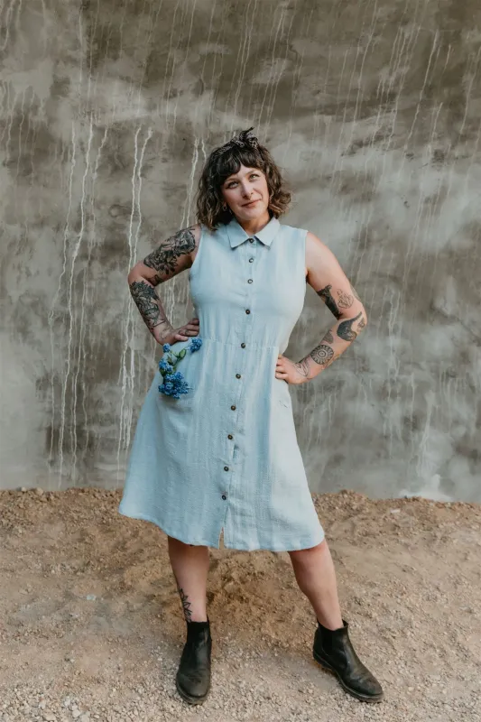 Mona Dress in BB Blue Texture Cotton made by Altar PDX