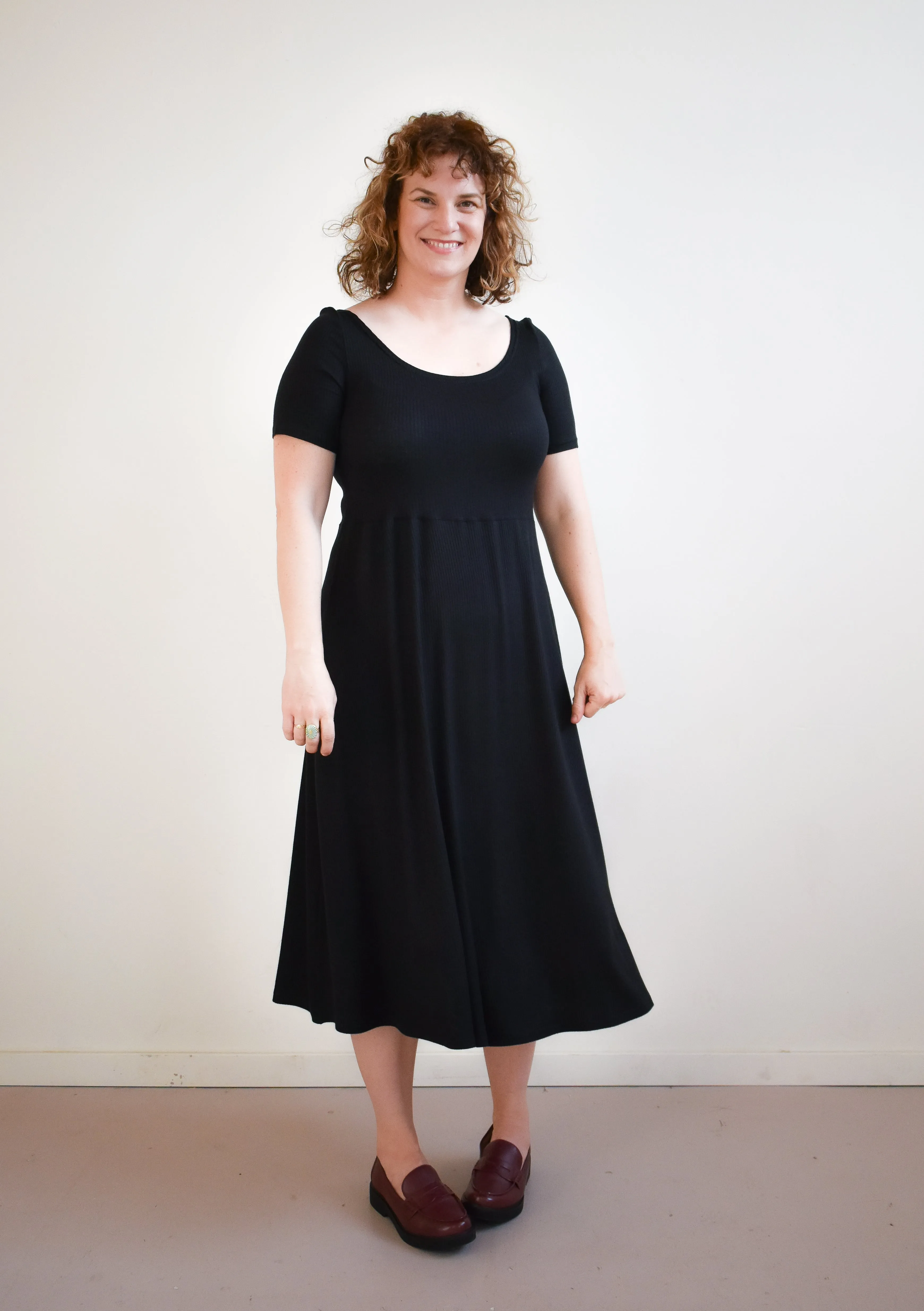 Megumi Dress in Black Ribknit Midi Sleeve sold by Altar PDX