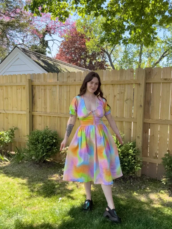 Clara Dress in Rainbow Skies sold by Isabella Eve