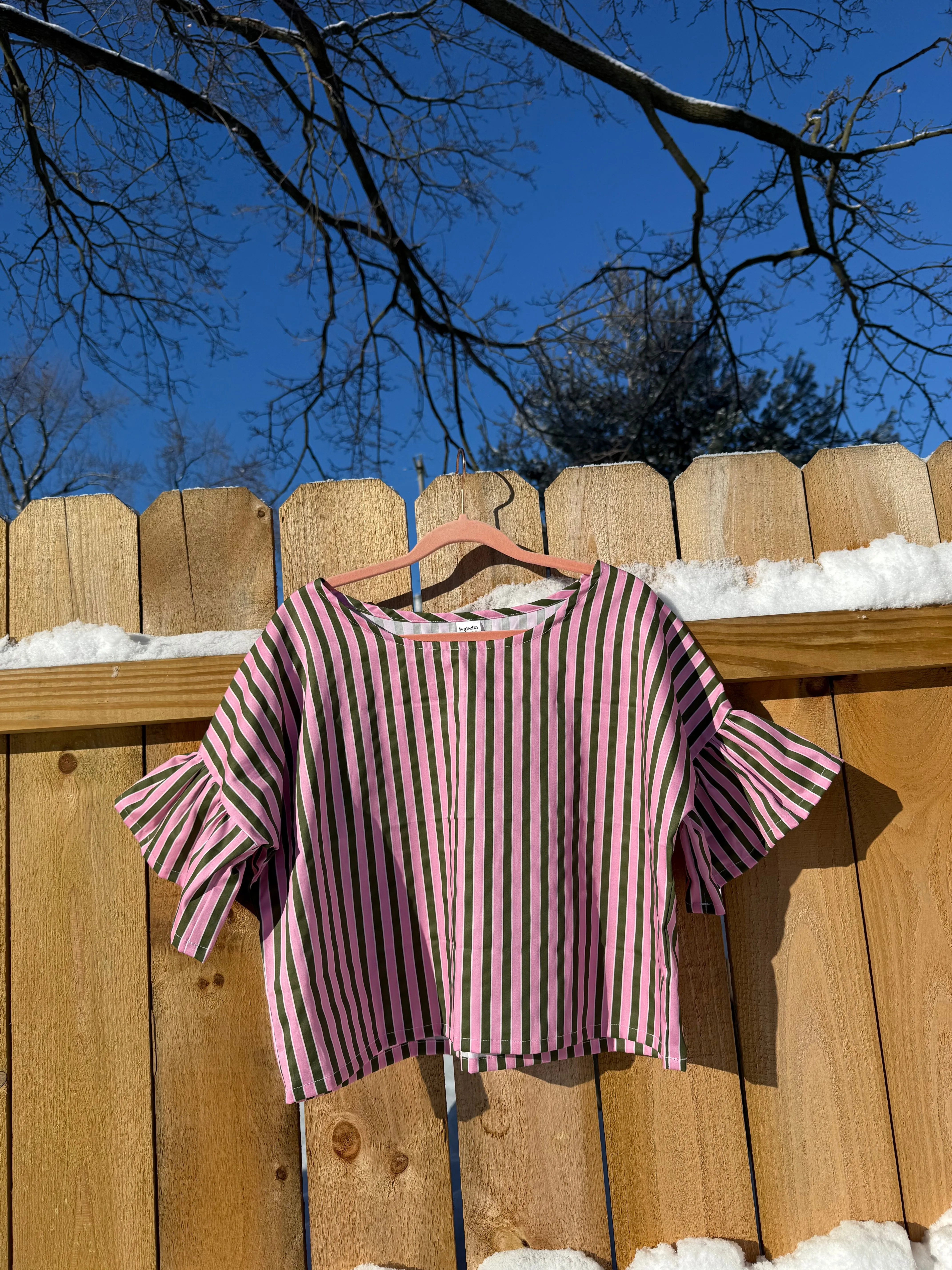 Charlie Top in Pink + Olive Stripe sold by Isabella Eve