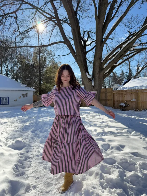 Lola Skirt in Pink + Olive Stripe made by Isabella Eve