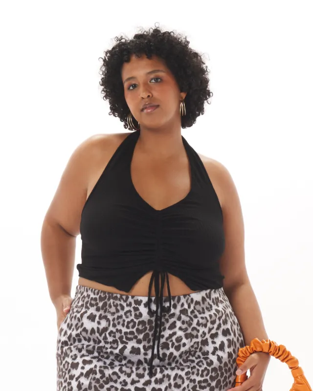 "Emma" Viscose Ruched Halter Top in Black sold by What Lo Wants