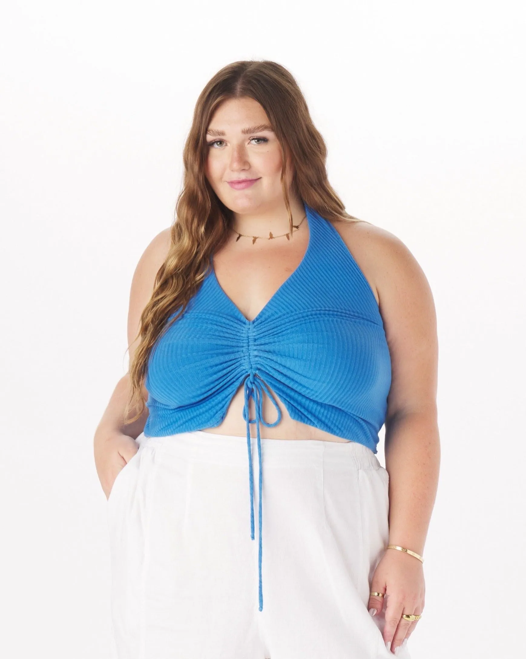 "Emma" Viscose Ruched Halter Top in Royal sold by What Lo Wants