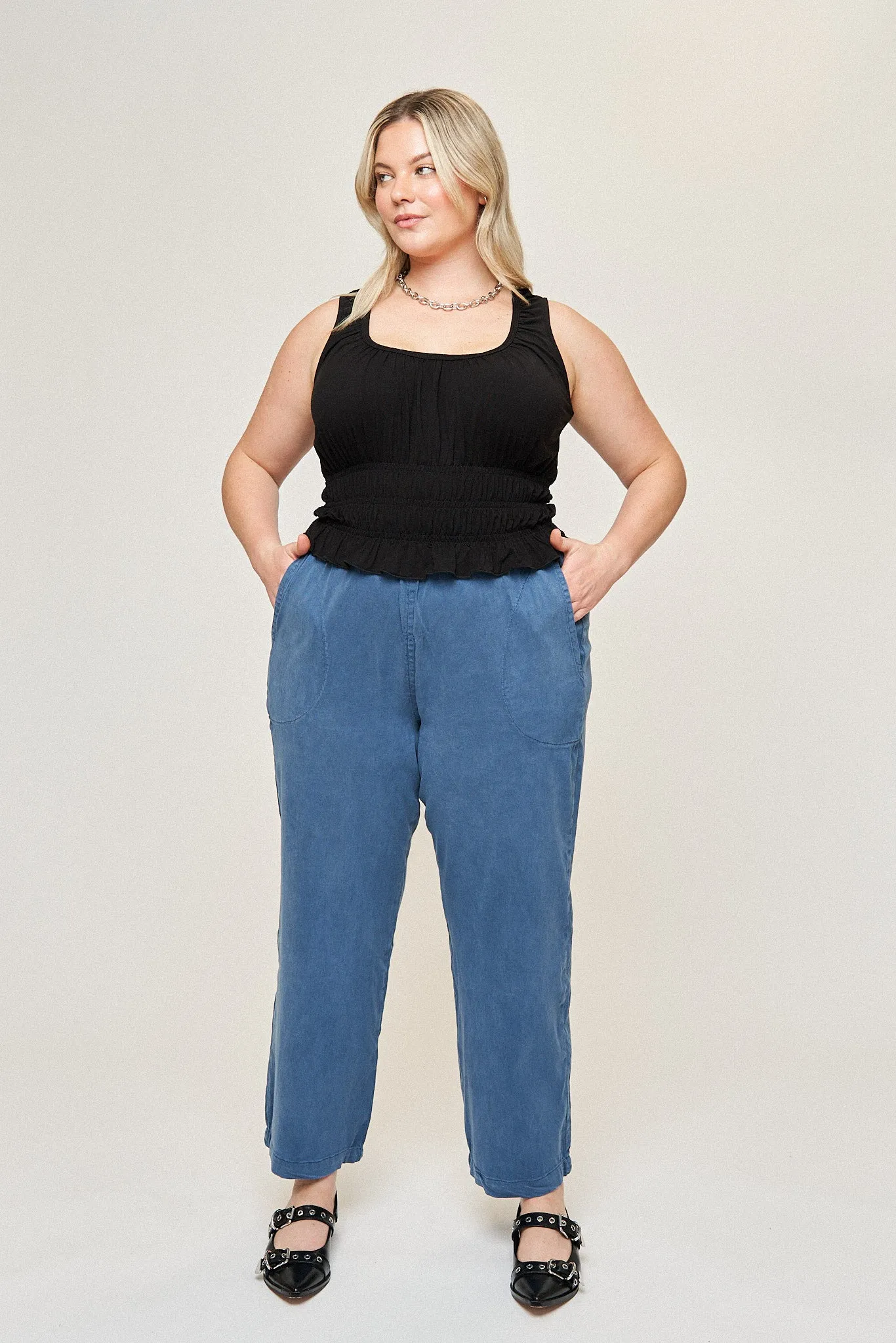 Maya Cotton Tencel Ease Pant in Slate Blue sold by What Lo Wants