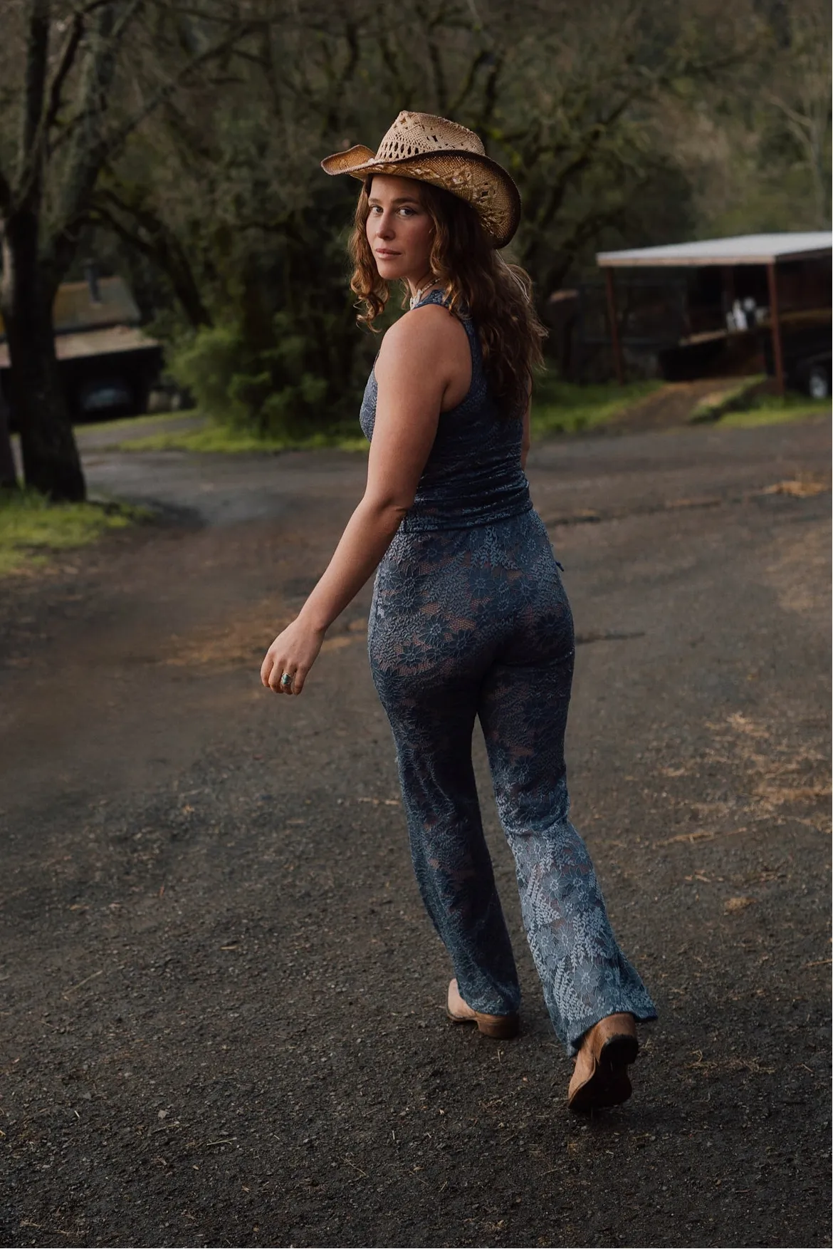 Carolina Lace Pant in Steel Blue sold by What Lo Wants