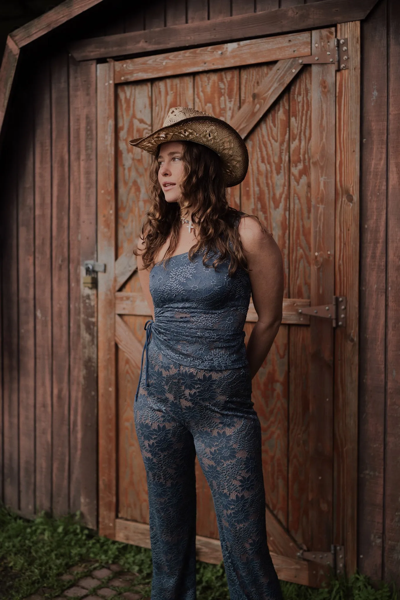 Carolina Lace One-Shoulder Top in Steel Blue sold by What Lo Wants product image thumbnail 2