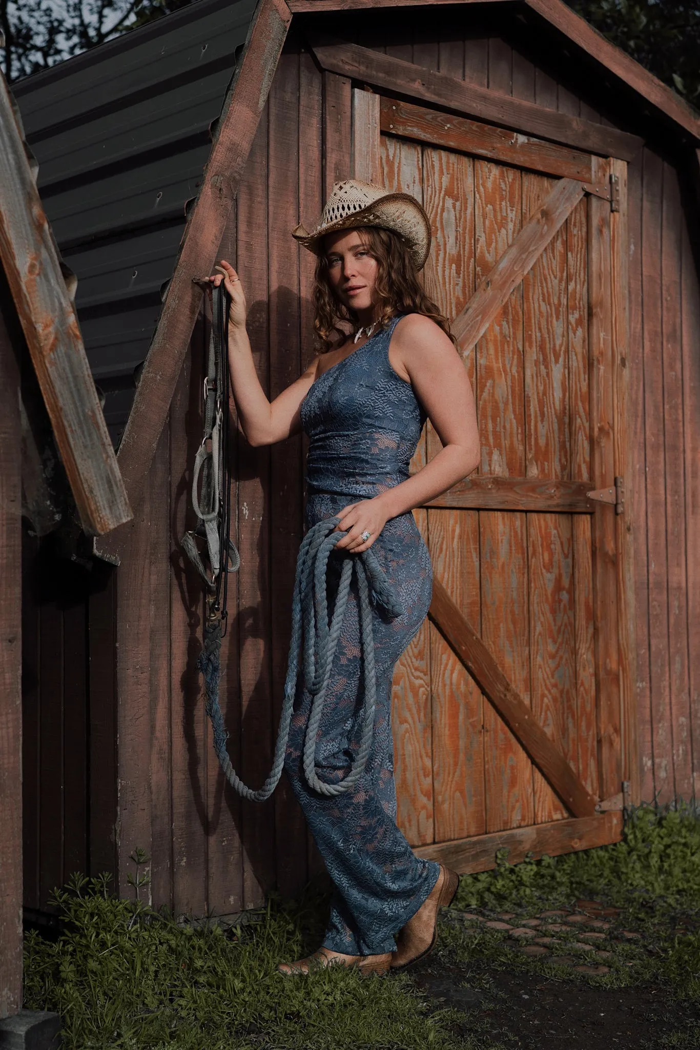 Carolina Lace One-Shoulder Top in Steel Blue sold by What Lo Wants product image thumbnail 5