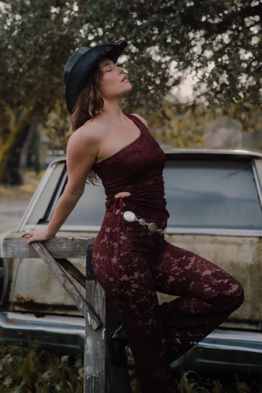 Carolina Lace One-Shoulder Top in Wine sold by What Lo Wants