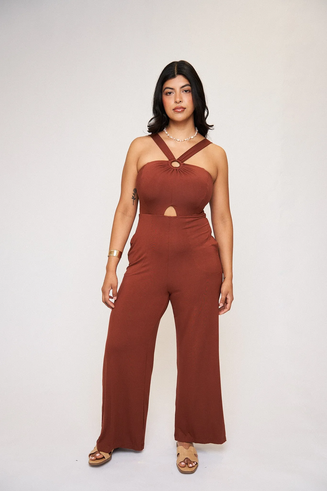 Julia O-Ring Buttersoft Jumpsuit in Rust sold by What Lo Wants