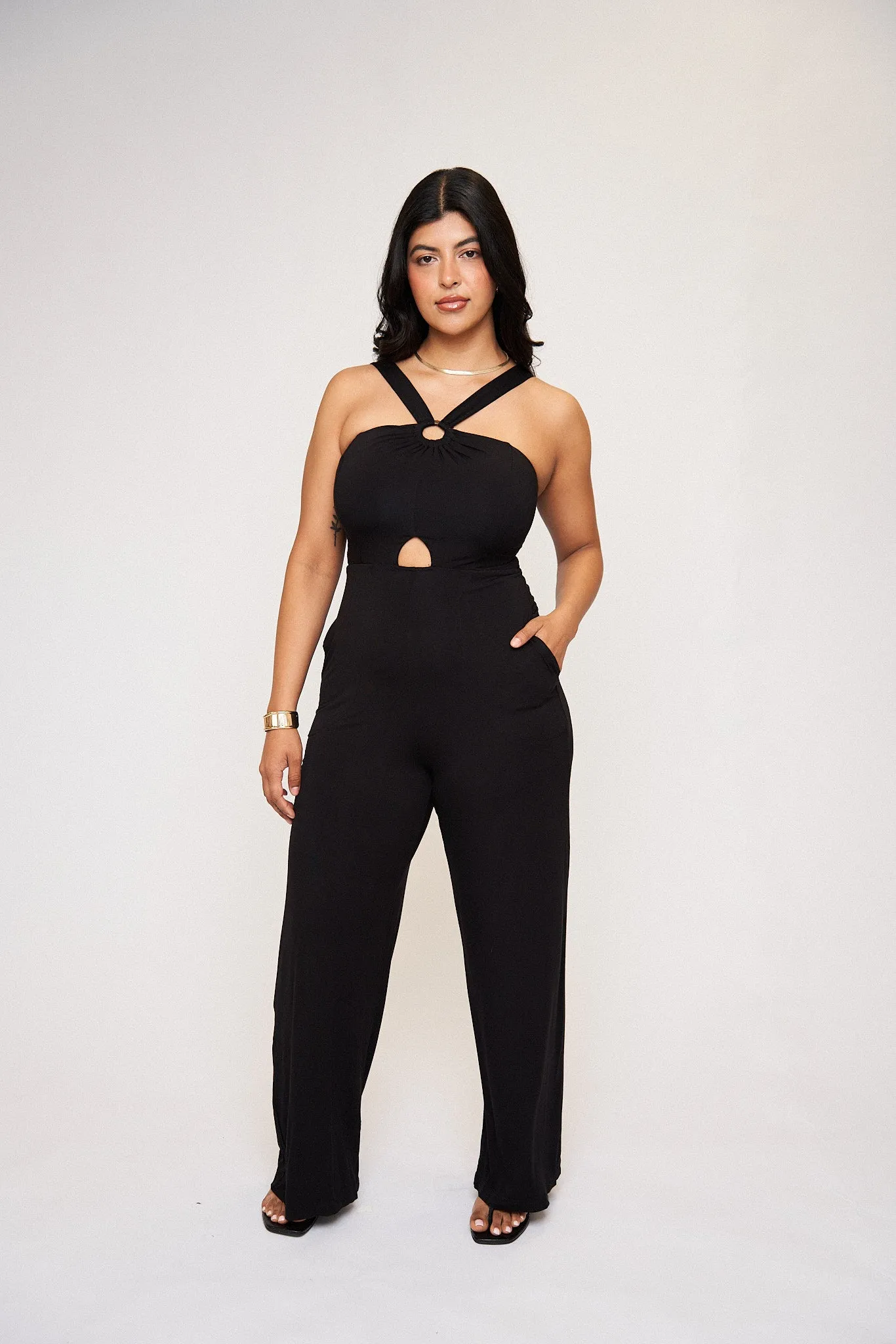 Julia O-Ring Buttersoft Jumpsuit in Black sold by What Lo Wants
