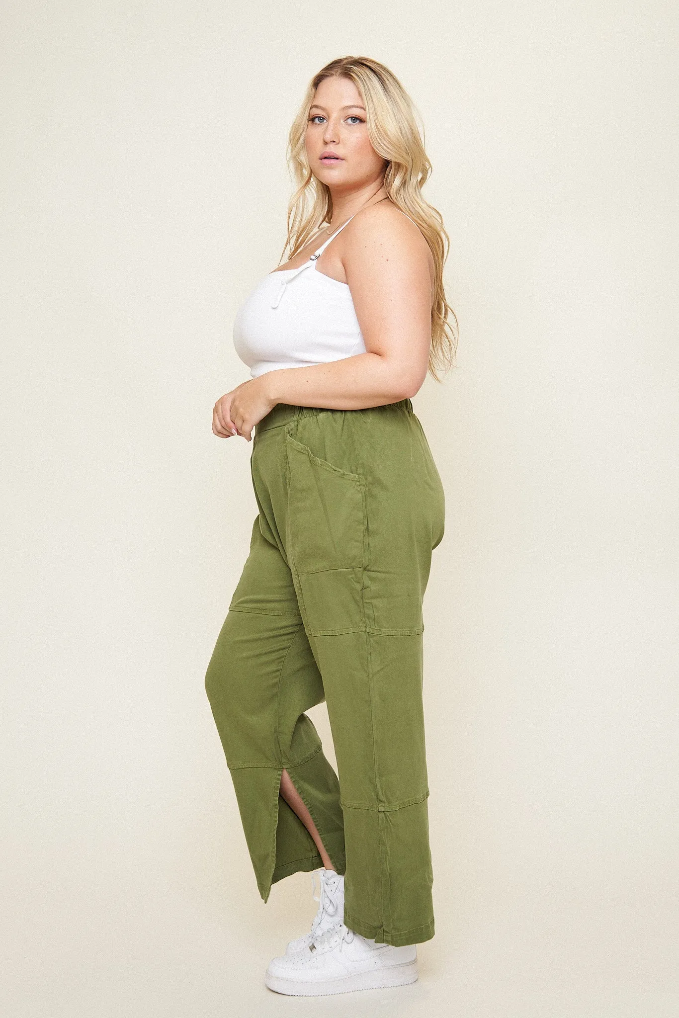 "Leah" Cotton Tencel Split-Hem Cargo Pant in Olive sold by What Lo Wants product image thumbnail 2
