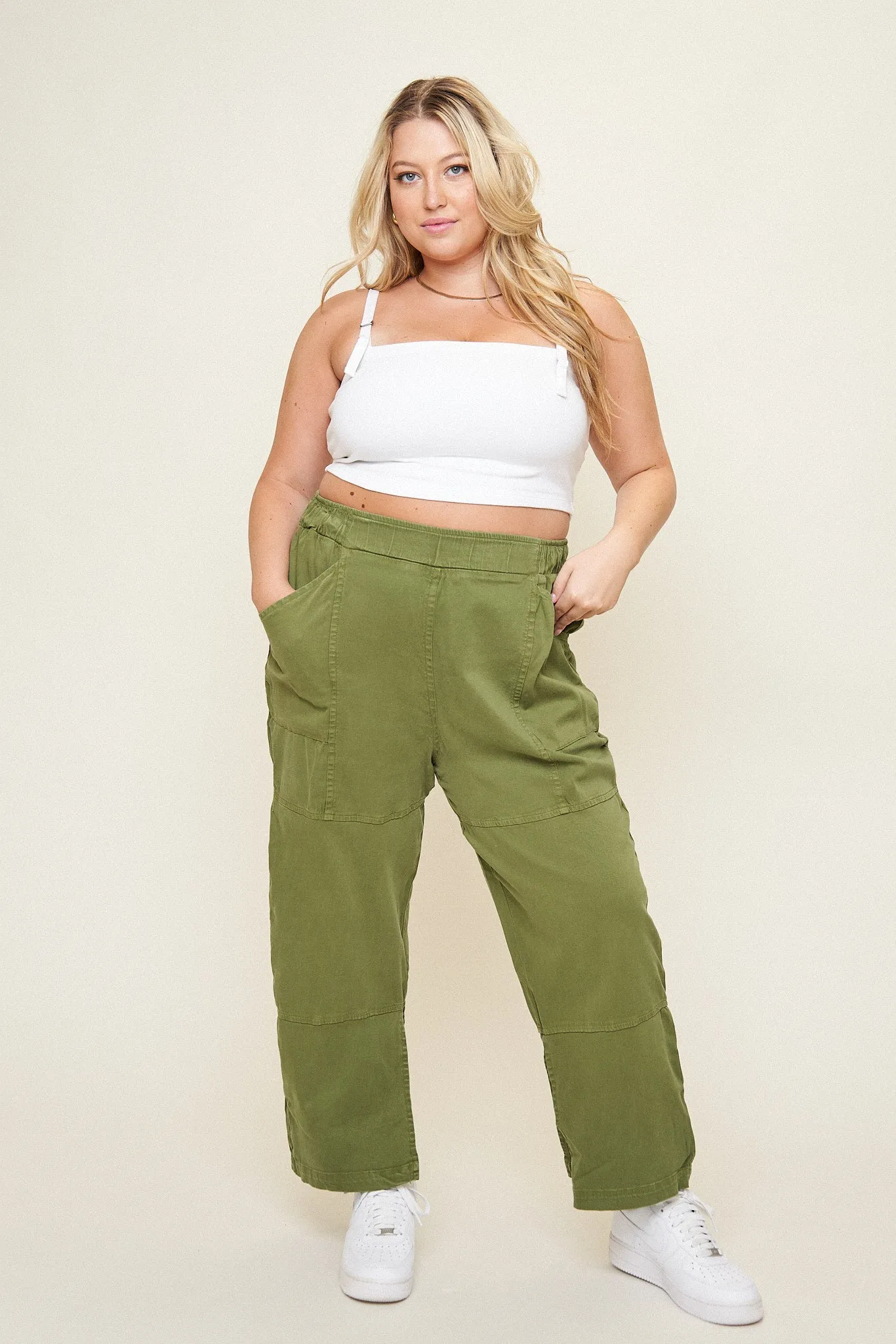 "Leah" Cotton Tencel Split-Hem Cargo Pant in Olive sold by What Lo Wants