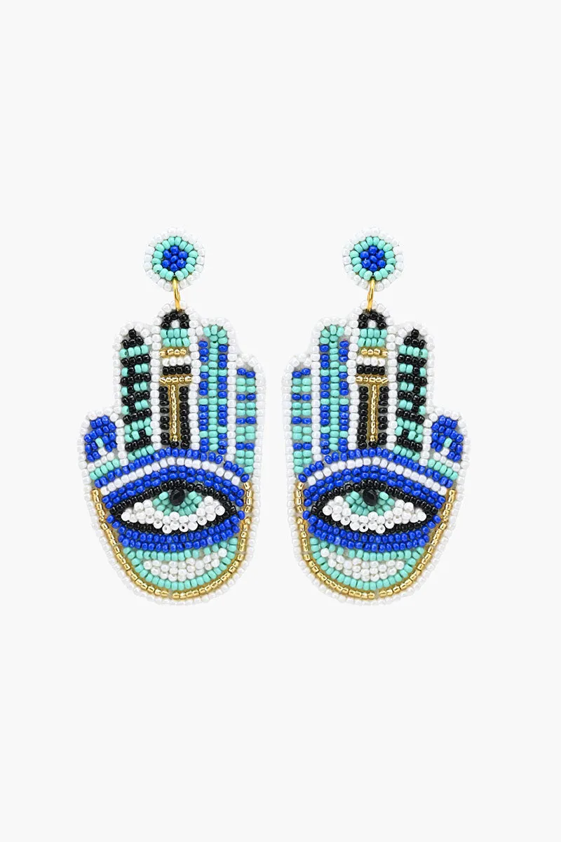 Hamsa Evil Eye Beaded Earrings sold by America & Beyond