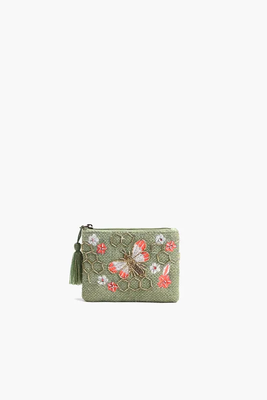Olive Green Beaded Bee Embellished Mini Pouches sold by America & Beyond