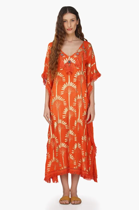 Sunset Palm Foil Tassel Kaftan sold by America & Beyond