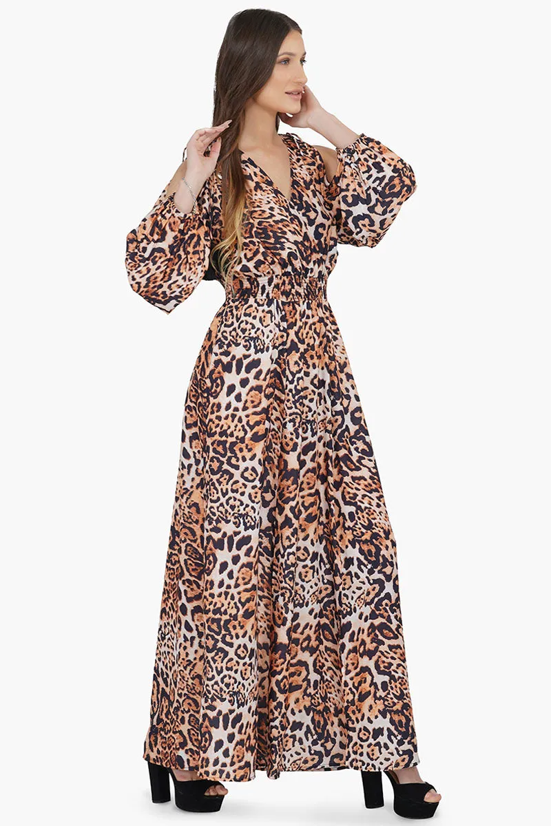 Brown Leopard Cold Shoulder Maxi Dress sold by America & Beyond product image thumbnail 2