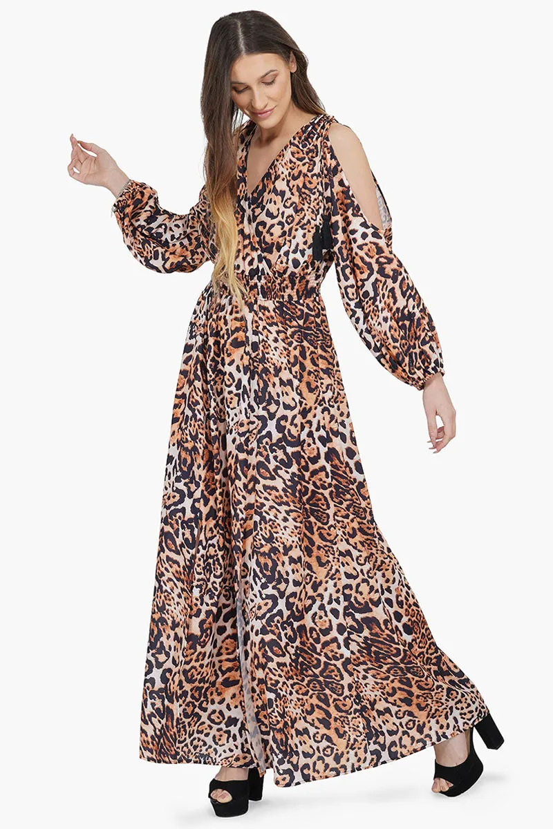 Brown Leopard Cold Shoulder Maxi Dress sold by America & Beyond product image thumbnail 3