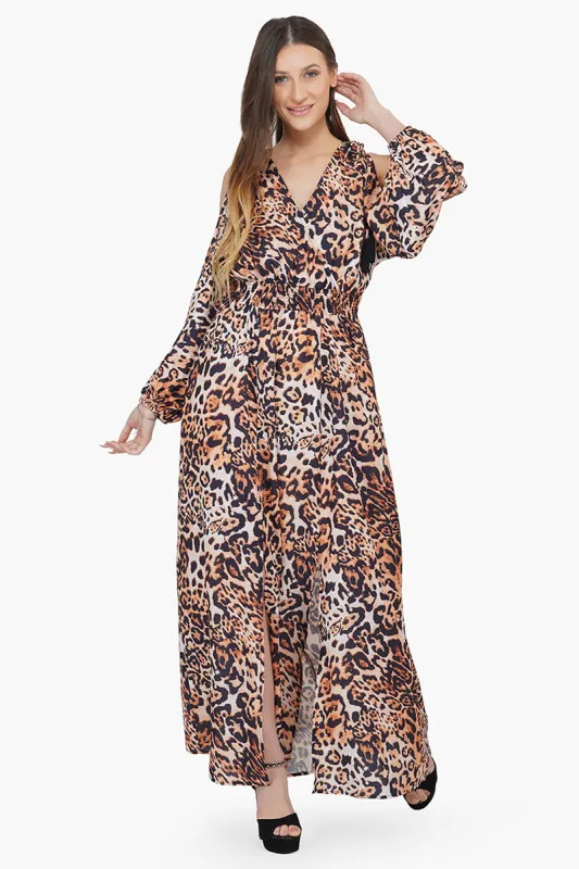 Brown Leopard Cold Shoulder Maxi Dress sold by America & Beyond