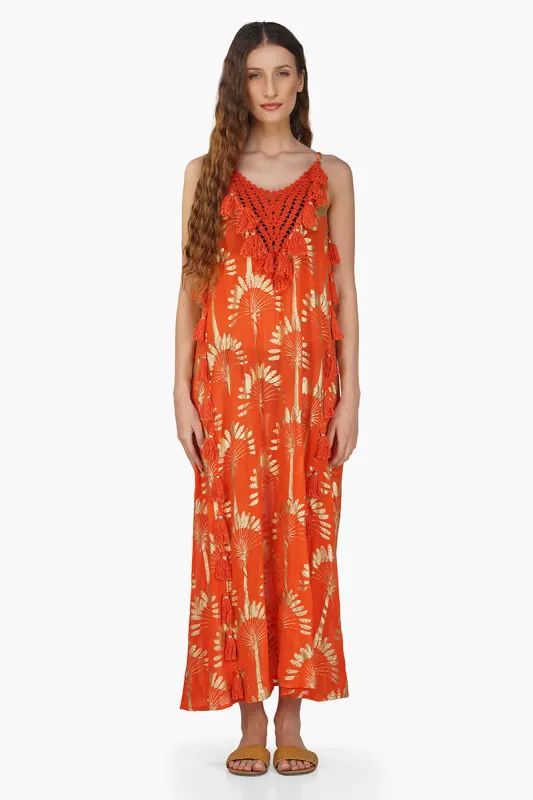 Sunset Palm Foil Tassel Maxi Dress sold by America & Beyond