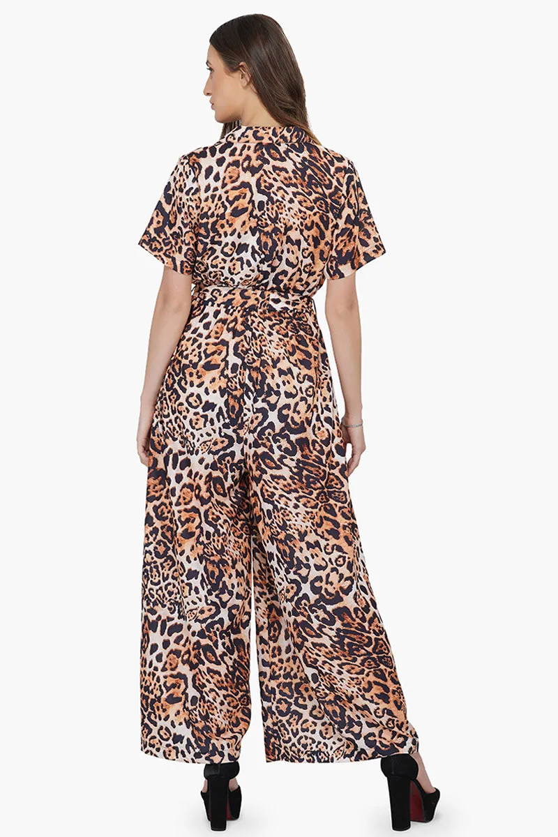 Brown Leopard Wide Legged Collared Jumpsuit sold by America & Beyond product image thumbnail 4