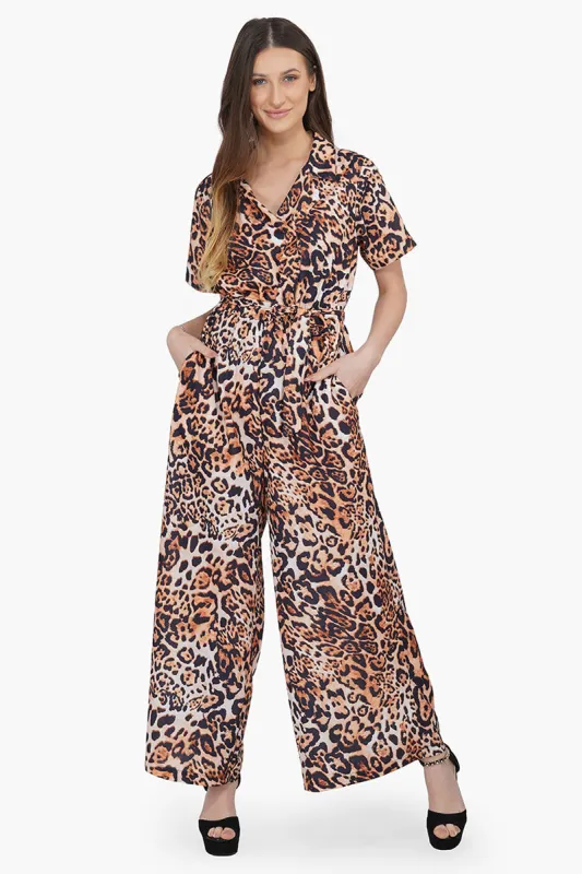 Brown Leopard Wide Legged Collared Jumpsuit sold by America & Beyond