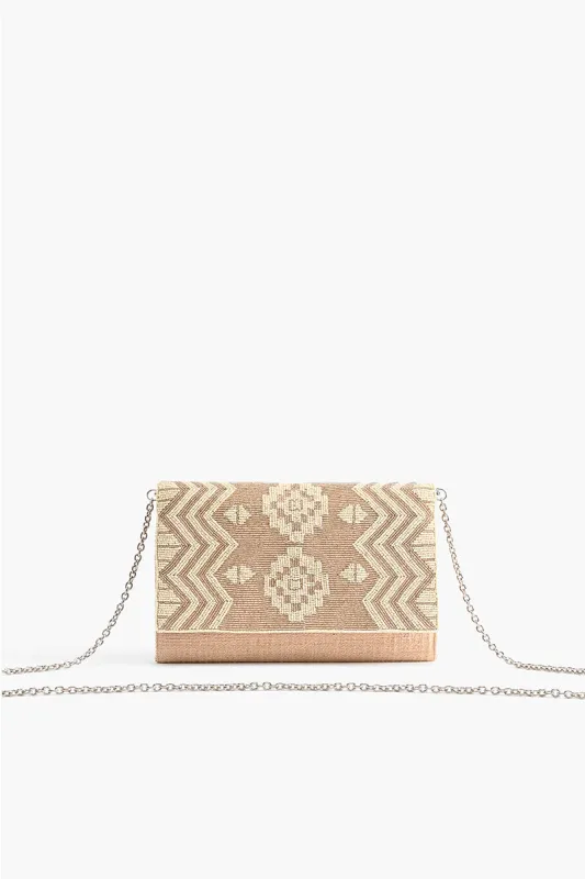 Rose Gold Aztec Embellished Flap Clutch sold by America & Beyond