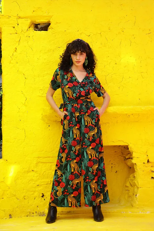 Jaguar Paradise Black Animal Print Jumpsuit sold by America & Beyond