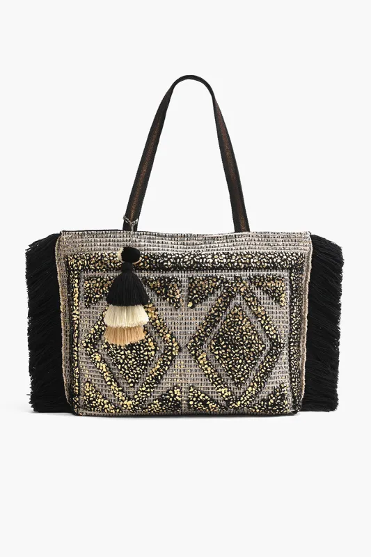 Gold Foil Tufted Black And Gold Hand Woven Tote sold by America & Beyond