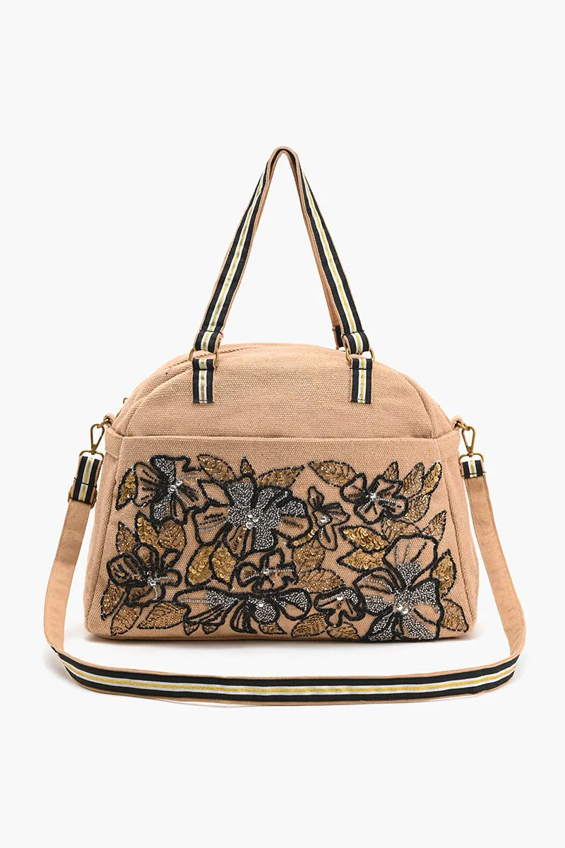 Glamorous Embellished Traveler with Crossbody-Floral Beige sold by America & Beyond