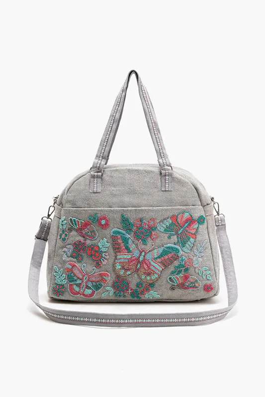 Glamorous Embellished Traveler with Crossbody-Butterfly Grey sold by America & Beyond