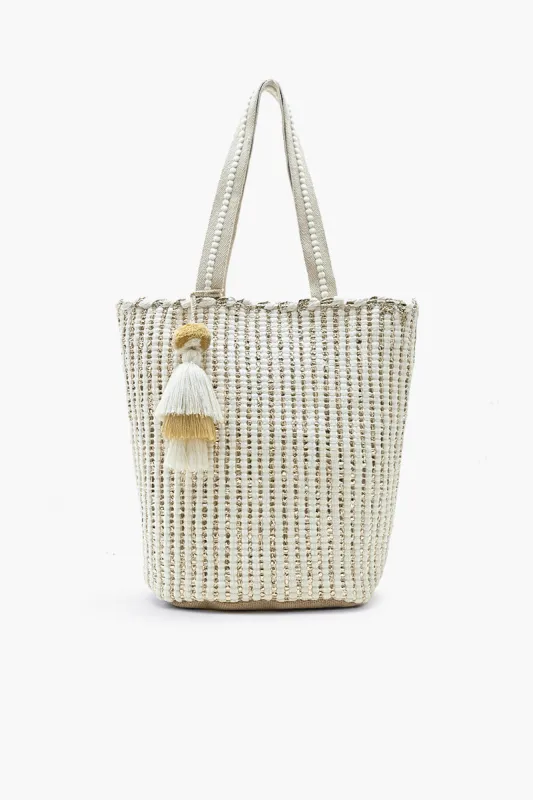 Natural Beauty Upcycled Hand Woven White Tote sold by America & Beyond