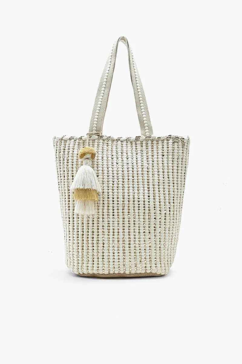 Natural Beauty Upcycled Hand Woven White Tote sold by America & Beyond