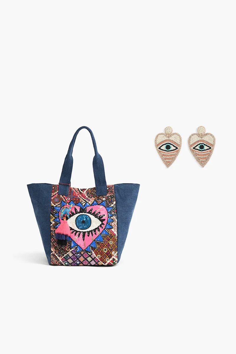 Watch Over Me Evil Eye Denim Tote with Earring sold by America & Beyond