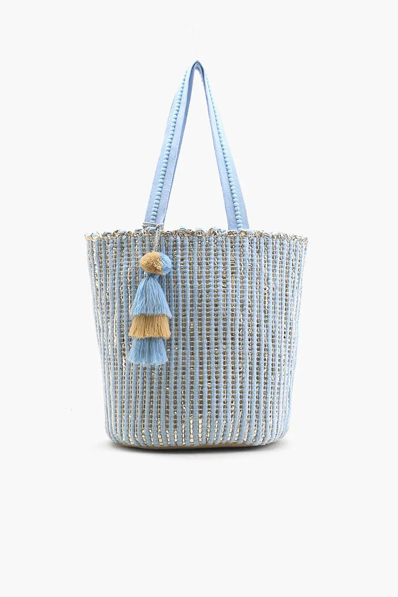 Natural Beauty Upcyled Hand Woven Lt Blue Tote sold by America & Beyond