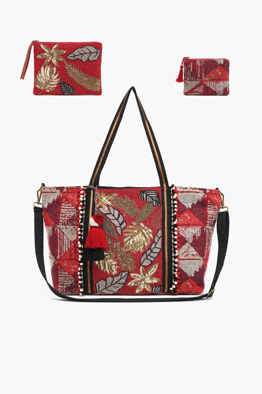 Embellished Tote with Pouch & Coin Red Floral sold by America & Beyond