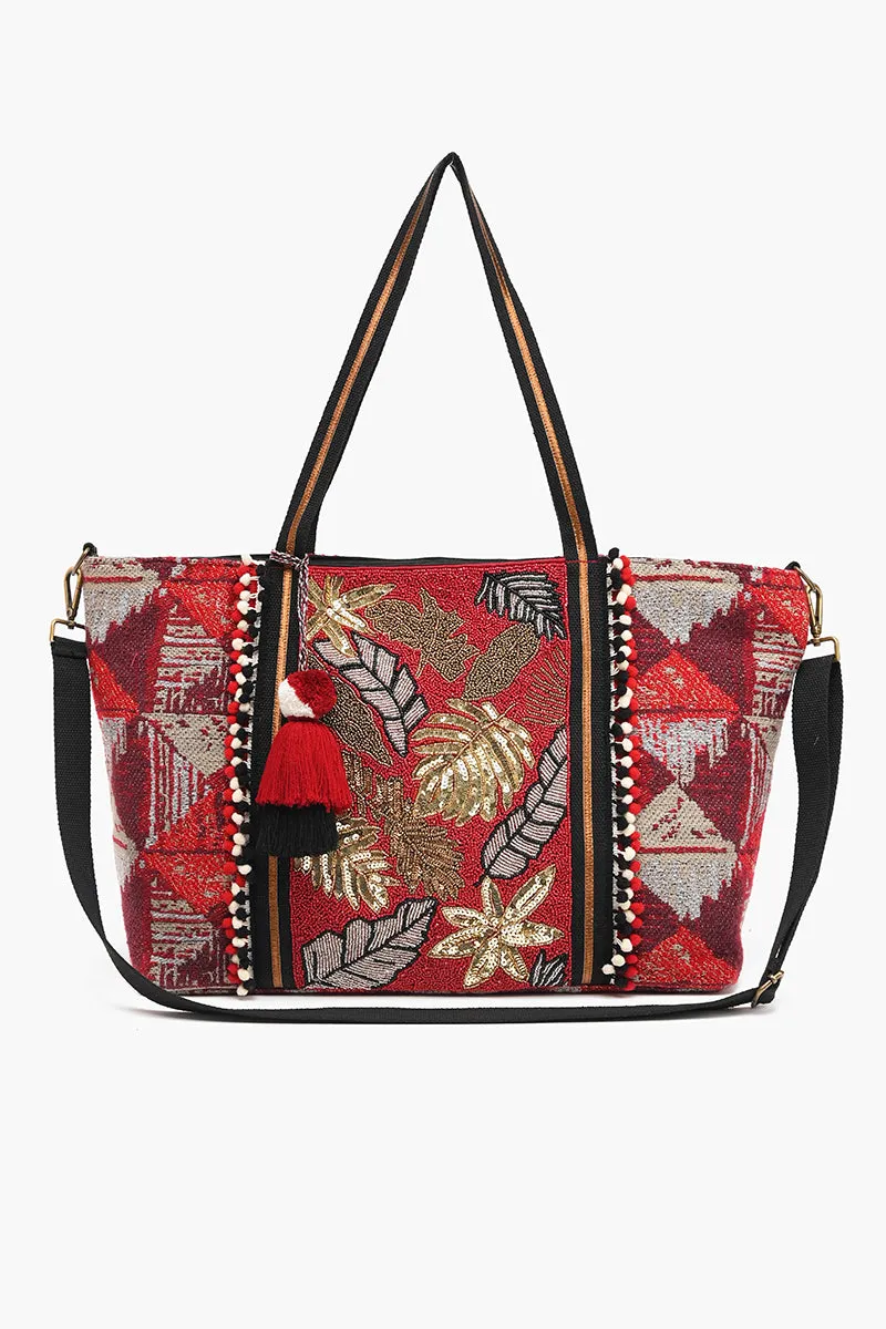 Embellished Tote with Pouch & Coin Red Floral sold by America & Beyond product image thumbnail 2