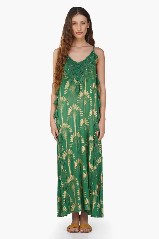 Pine Green Palm Tassel Foil Maxi Dress sold by America & Beyond