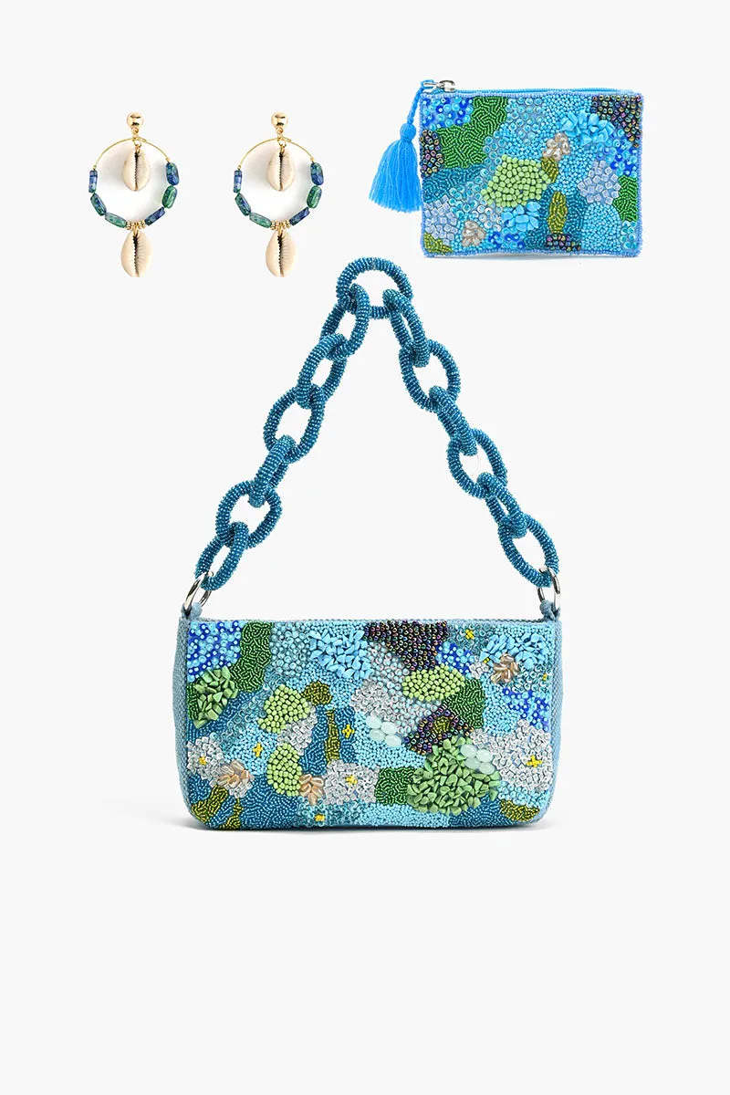 Blue Lagoon Luxe Trio Shoulder Bag, Mini Pouch & Earrings sold by America & Beyond