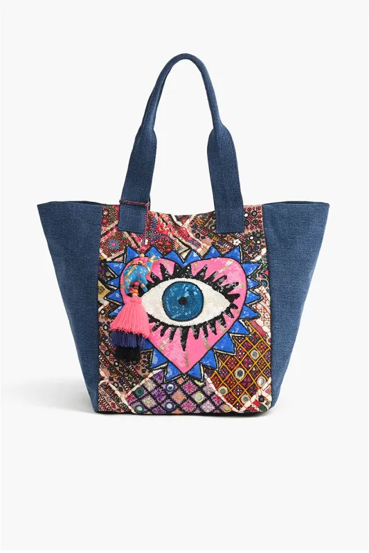 Watch Over Me Evil Eye Denim Tote sold by America & Beyond