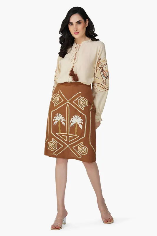 Tawny Brown Palm Embroidered Short Skirt sold by America & Beyond
